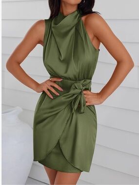 OLIVE GREEN 💚 Satin Halter Wrap Around Mini Dress
